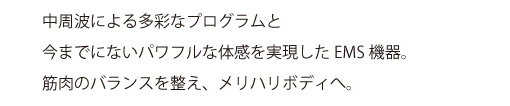 中周波による多彩なプログラムと今までにないパワフルな体感を実現したEMS機器。筋肉のバランスを整え、メリハリボディへ。