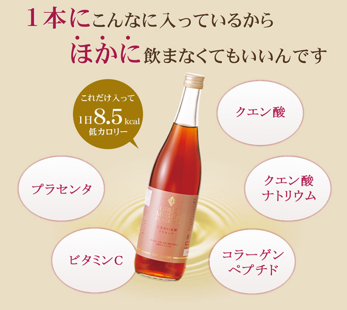 プラセンタ・クエン酸・クエン酸ナトリウム・コラーゲンペプチド・ビタミンC─１本にこんなに入っているから、ほかに飲まなくてもいいんです